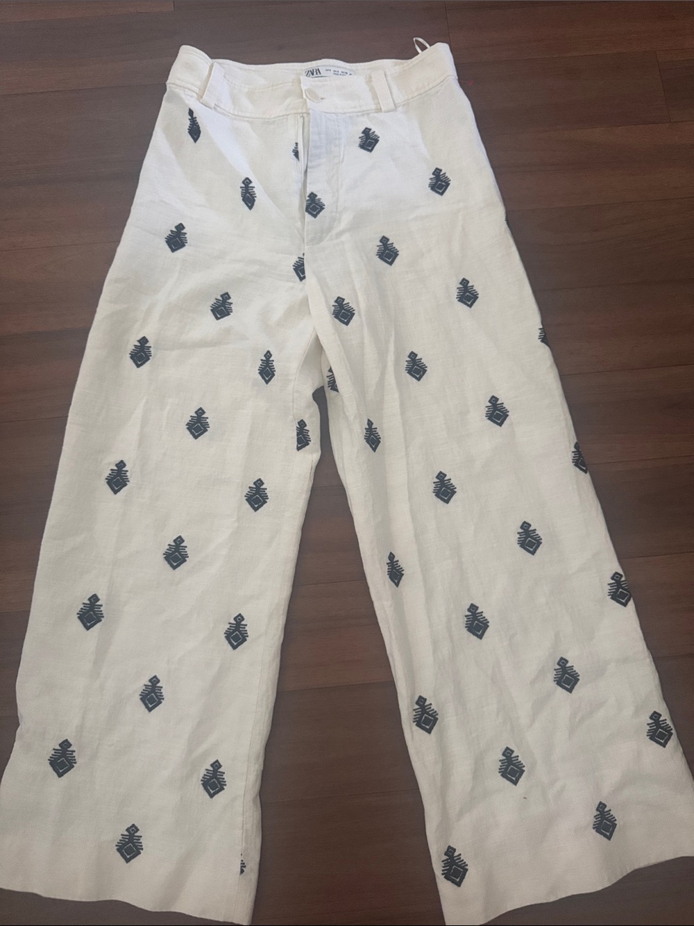 Zara White Embroidered Wide-Leg Linen Pants